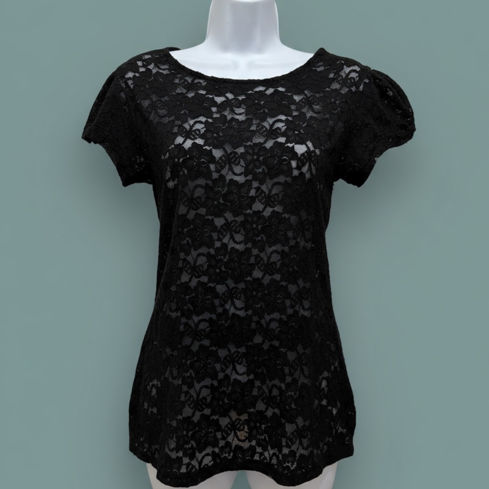 Express Floral Lace Cap-Sleeve Top Black M